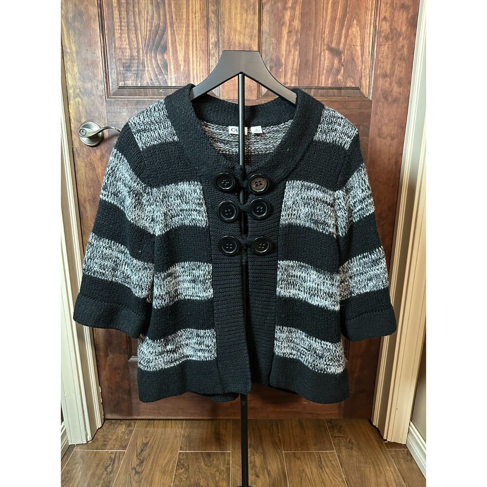 Cato Women’s Sweater XL Black Gray Striped Knit Double Breasted Button Front